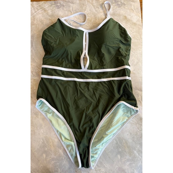 Cupshe One Piece Swimsuit Women's Medium Olive Green White Trim Keyhole - Picture 1 of 14